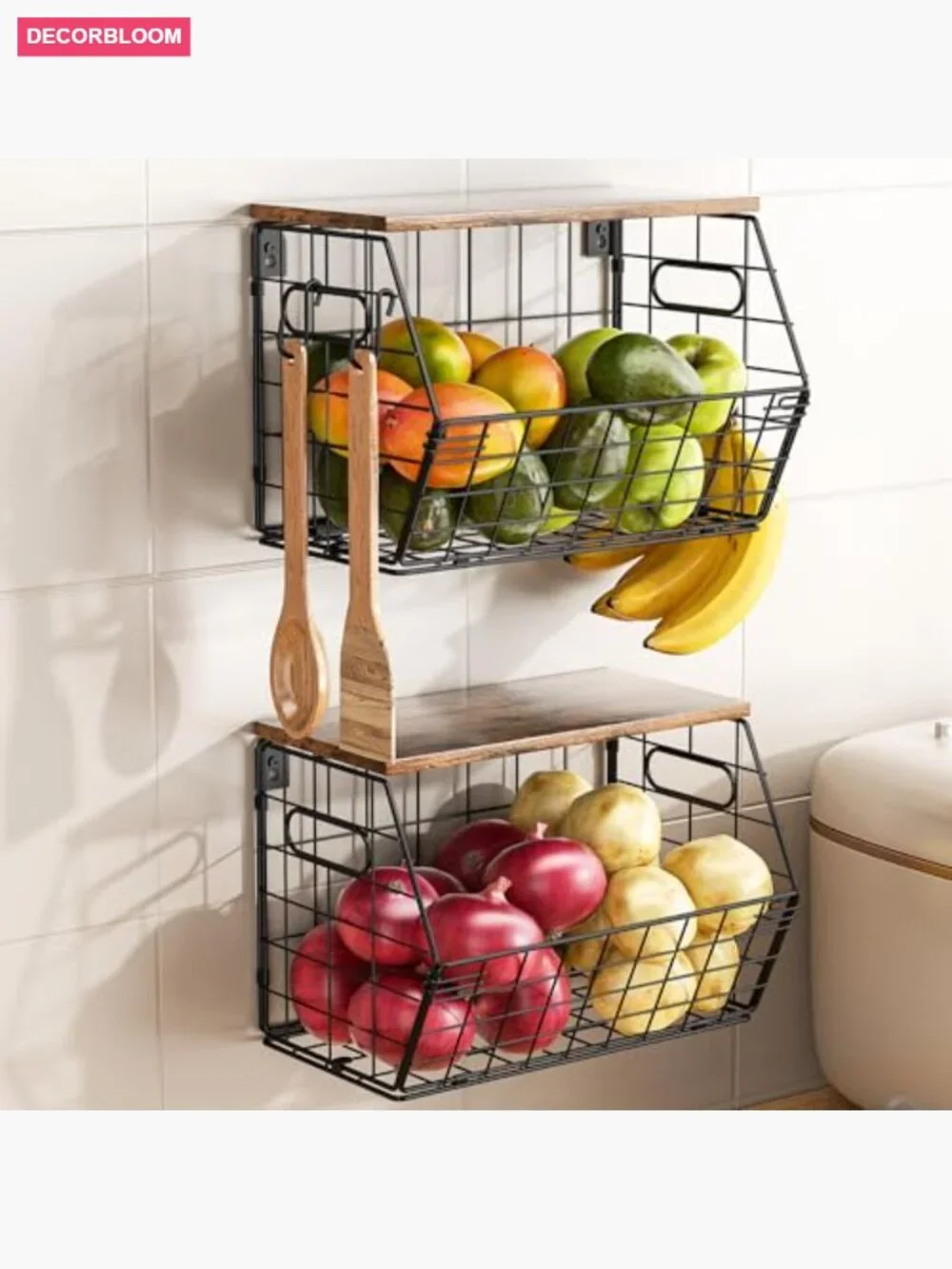 Stackable Metal Fruit Basket with Wood Lid 2 Pack, Hanging Wall Organizer for
